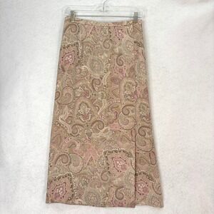 Vtg Talbots Tan/Pink Paisley Silk Lined Wrap Skirt Womens 8P Boho Office 90's